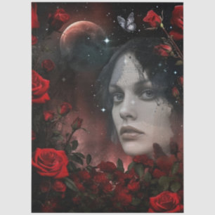 Dunkles Gothic Mädchen Rote Rosen & Mond Abstrakte Seidenpapier