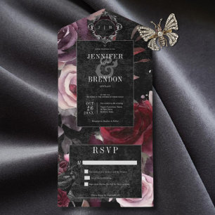 Dunkles Gothic Rosa Burgunder & Schwarzes Florales All In One Einladung