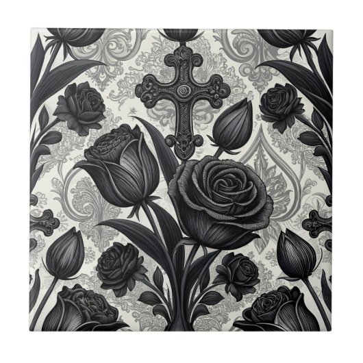 Dunkles Gothic-Rosen-Muster (2) Fliese (Vorderseite)