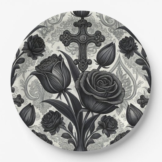 Dunkles Gothic-Rosen-Muster (2) Pappteller (Vorderseite)