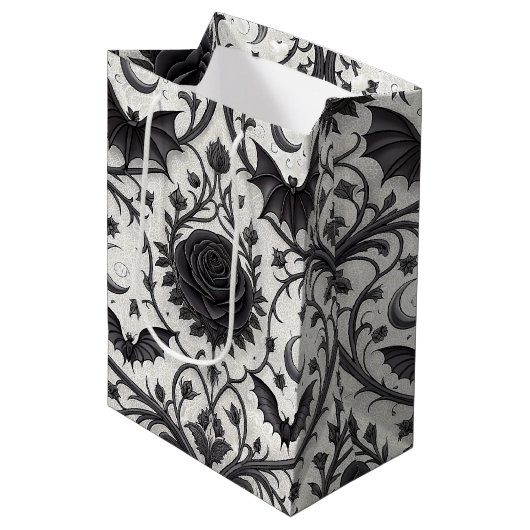 Dunkles Gothic-Rosen-Muster (3) Mittlere Geschenktüte (Vorderseite Schrägansicht)
