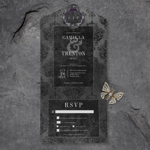 Dunkles Gothic Schwarzes Damast-Dinner All In One Einladung