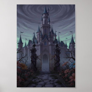 Dunkles Gothic Spukschloss Eisentore Nebelplakat Poster