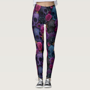 Dunkles gotisches florales Totenkopf-Nahtlosmuster Leggings
