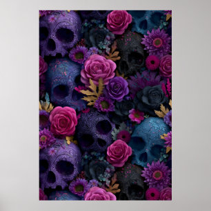 Dunkles gotisches florales Totenkopf-Nahtlosmuster Poster