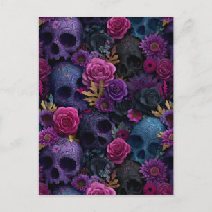 Dunkles gotisches florales Totenkopf-Nahtlosmuster Postkarte