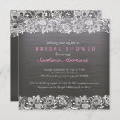 Dunkles graues Holz und weißes Spitzen Brautparty Einladung (Vorne/Hinten)