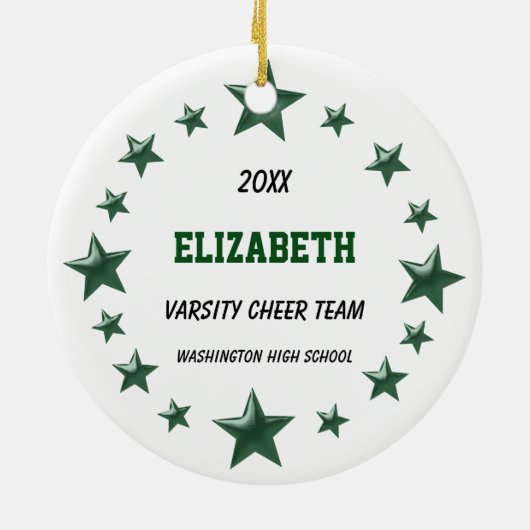 Dunkles Haar-Cheerleader Pom Poms Grün u. Weiß Keramik Ornament (Hinten)