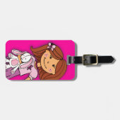 Dunkles Haar Mädchen mit sonnigen Kindern mit Gepä Gepäckanhänger (Vorderseite horizontal)