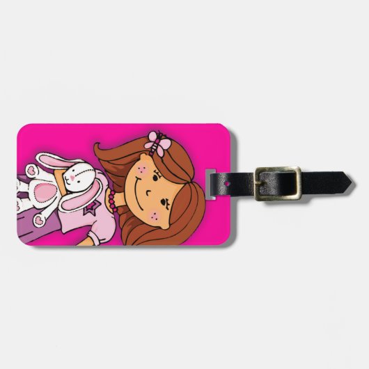 Dunkles Haar Mädchen mit sonnigen Kindern mit Gepä Gepäckanhänger (Vorderseite horizontal)