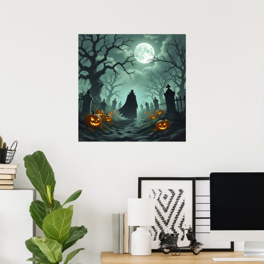 Dunkles Halloween Night Spooky Graveyard Landschaf Poster (Heimbüro)