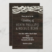 Dunkles Holz rustikale String Lights Hochzeitseinl Einladung (Vorne/Hinten)