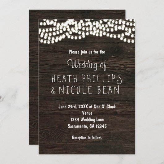 Dunkles Holz rustikale String Lights Hochzeitseinl Einladung (Vorne/Hinten)