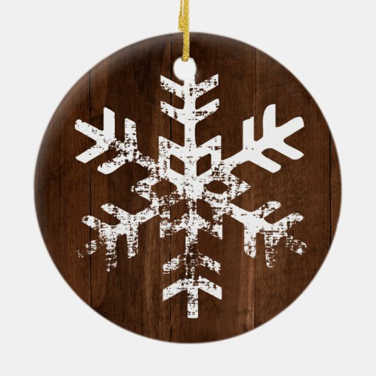 Dunkles Holz Rustikales Foto Schneeflocken Keramik Ornament (Hinten)