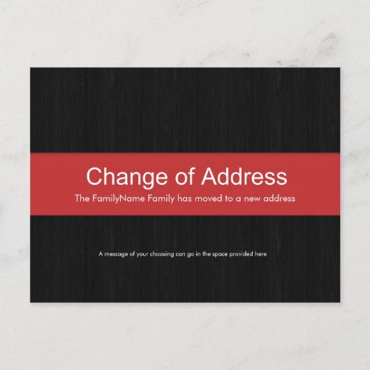 Dunkles Holz und rote Adressenänderung Postkarte (Vorderseite)