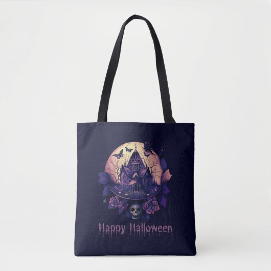Dunkles Lila gotisches Spuk Haus Happy Halloween Tasche (Vorderseite)