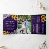 Dunkles Lila Holz Spitzen Sonnenblumen Hochzeitsst Dreifach Gefaltete Einladung (Innenseite)