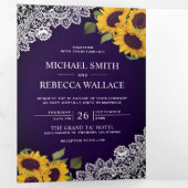 Dunkles Lila Holz Spitzen Sonnenblumen Hochzeitsst Dreifach Gefaltete Einladung (Innen Erste Seite)