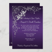 Dunkles Lila mit verziertem silbernem BlumenWirbel Einladung (Vorne/Hinten)