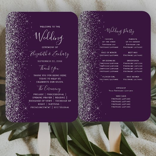 Dunkles Lila Silber Glitter Rand Hochzeitsprogramm Fächer