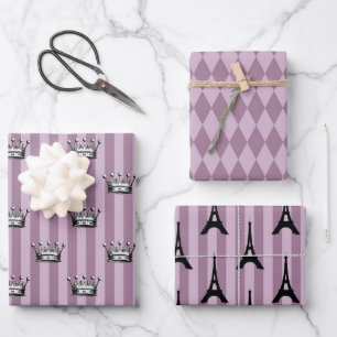 Dunkles Lila und Schwarzes Paris Thema Geschenkpapier Set