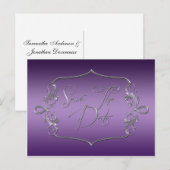 Dunkles Lila Verziertes Silber Save the Date Ankündigungspostkarte (Vorne/Hinten)