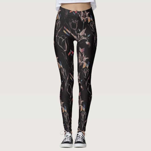 Dunkles modernes geometrisches Tulpen-Linienkunstm Leggings (Vorderseite)