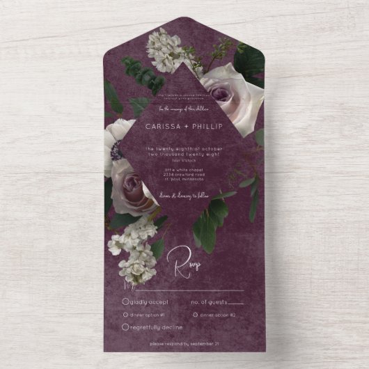 Dunkles, modernes Rosa und Weiß, florales Abendess All In One Einladung (Innen Boden)