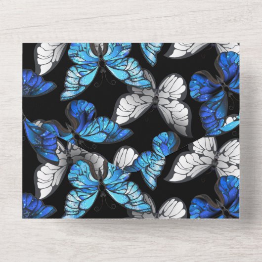 Dunkles Nahtloses Muster mit blauen Schmetterlinge All In One Einladung (Rückseite)