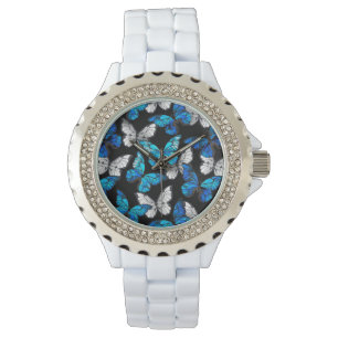 Dunkles nahtloses Muster mit blauen Schmetterlinge Armbanduhr