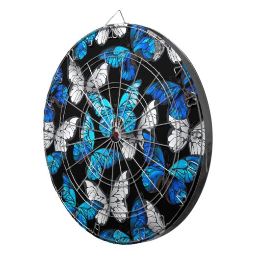Dunkles Nahtloses Muster mit blauen Schmetterlinge Dartscheibe (Vorderseite rechts)
