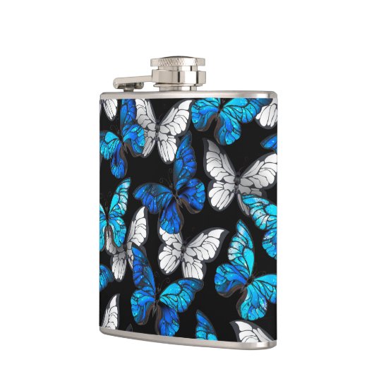 Dunkles Nahtloses Muster mit blauen Schmetterlinge Flachmann (Links)