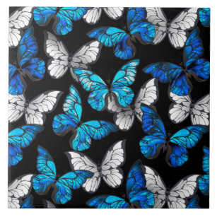Dunkles Nahtloses Muster mit blauen Schmetterlinge Fliese