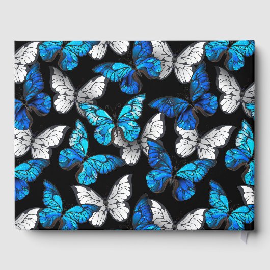 Dunkles Nahtloses Muster mit blauen Schmetterlinge Gästebuch (Rückseite)