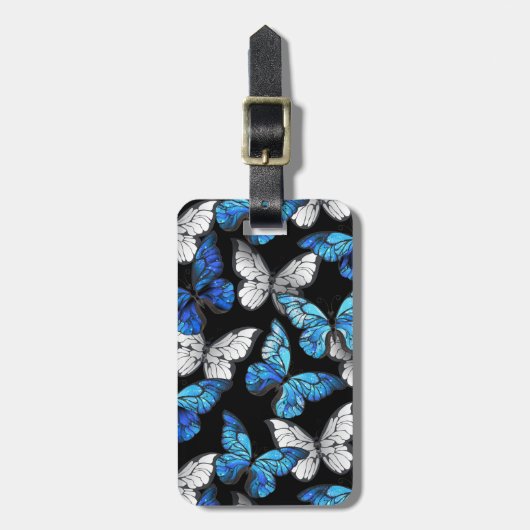 Dunkles Nahtloses Muster mit blauen Schmetterlinge Gepäckanhänger (Vorderseite vertikal)