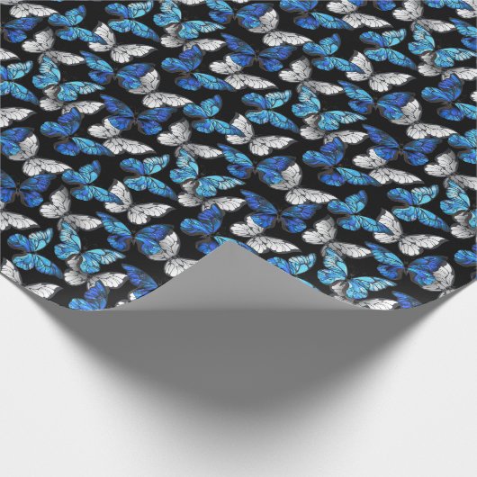 Dunkles Nahtloses Muster mit blauen Schmetterlinge Geschenkpapier (Ecke)