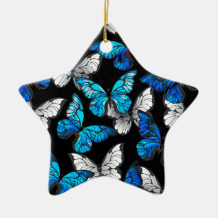 Dunkles Nahtloses Muster mit blauen Schmetterlinge Keramik Ornament