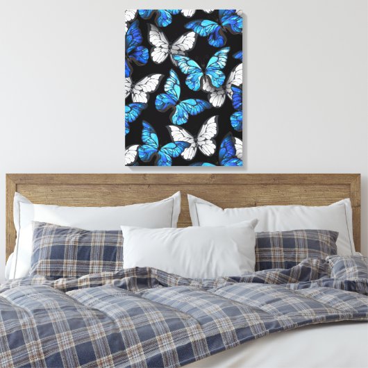 Dunkles Nahtloses Muster mit blauen Schmetterlinge Leinwanddruck (Insitu (Schlafzimmer))