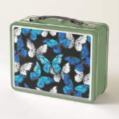 Dunkles Nahtloses Muster mit blauen Schmetterlinge Metall Brotdose (Rückseite)