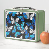 Dunkles Nahtloses Muster mit blauen Schmetterlinge Metall Brotdose (Beispiel)