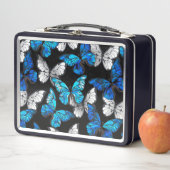 Dunkles Nahtloses Muster mit blauen Schmetterlinge Metall Brotdose (Beispiel)