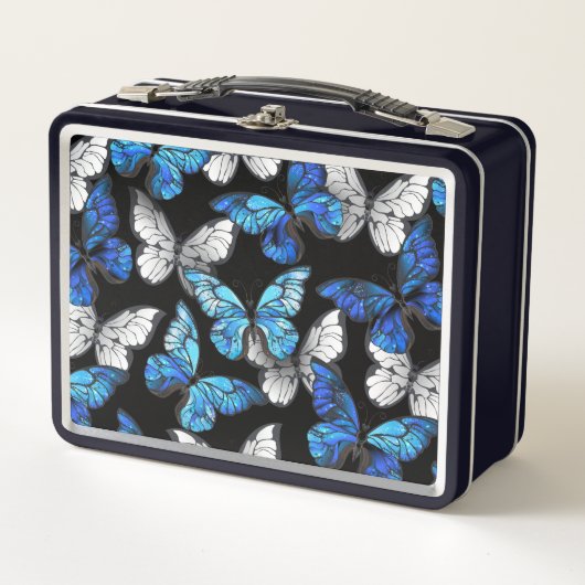 Dunkles Nahtloses Muster mit blauen Schmetterlinge Metall Brotdose (Vorderseite)