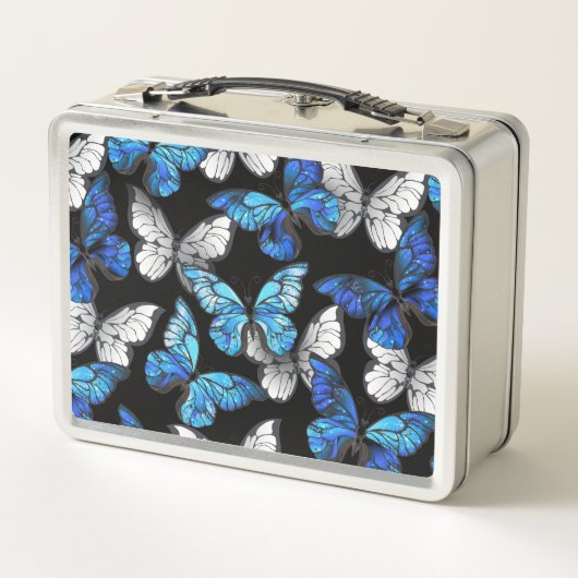 Dunkles Nahtloses Muster mit blauen Schmetterlinge Metall Brotdose (Rückseite)
