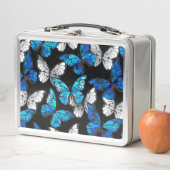 Dunkles Nahtloses Muster mit blauen Schmetterlinge Metall Brotdose (Beispiel)