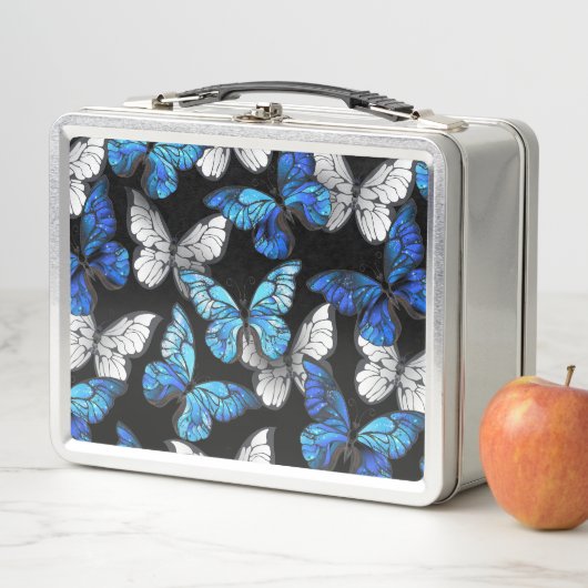 Dunkles Nahtloses Muster mit blauen Schmetterlinge Metall Brotdose (Beispiel)