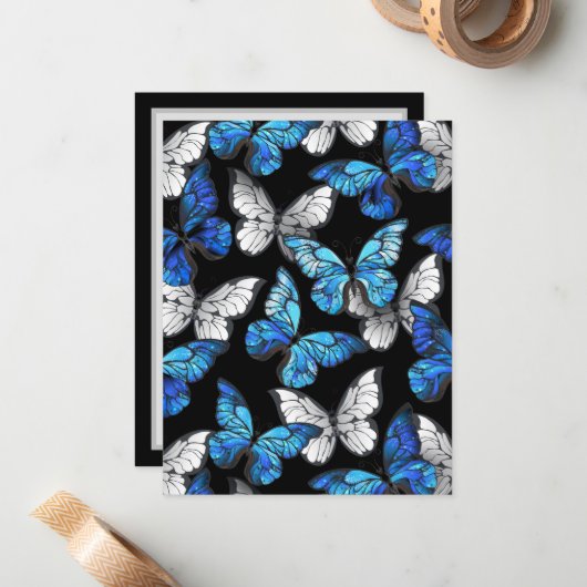 Dunkles Nahtloses Muster mit blauen Schmetterlinge Mitteilungskarte (Vorderseite/Rückseite Beispiel)