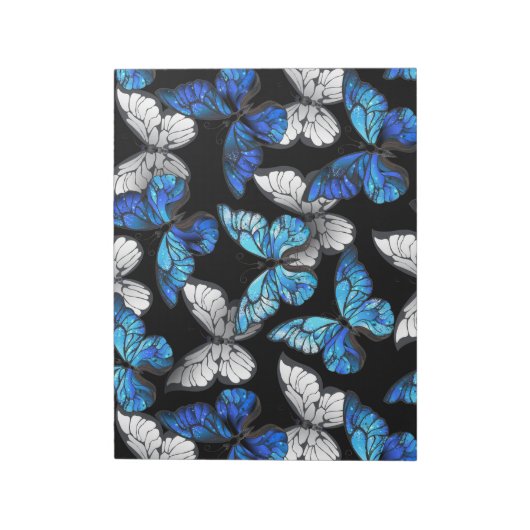 Dunkles Nahtloses Muster mit blauen Schmetterlinge Notizblock (Rotiert)