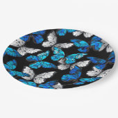 Dunkles Nahtloses Muster mit blauen Schmetterlinge Pappteller (Schrägansicht)