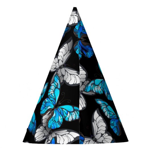 Dunkles Nahtloses Muster mit blauen Schmetterlinge Partyhütchen (Rückseite)