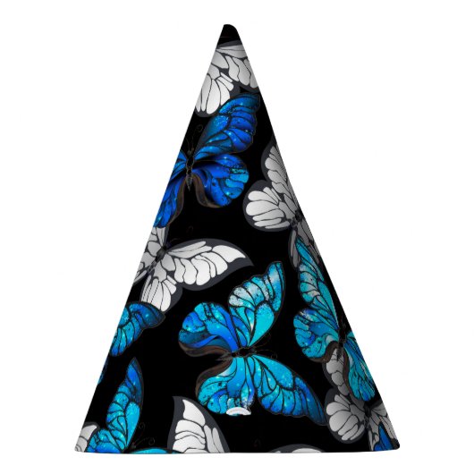 Dunkles Nahtloses Muster mit blauen Schmetterlinge Partyhütchen (Rechts)